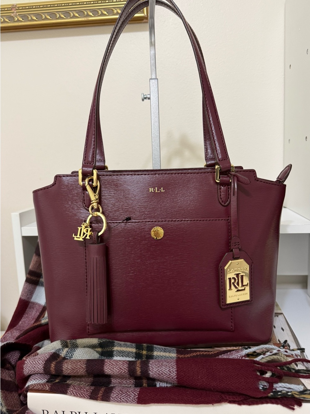 Women's Burgundy Leather Tote Bag by Ralph Lauren